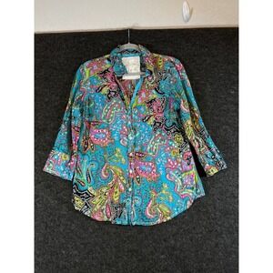 Cino Womens Medium Paisley Crinkle Cotton 3/4 Sleeve Button Down Shirt Turquoise